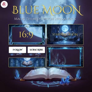 Op de afbeelding: Een digitaal stream-pakket getiteld BLUE MOON MAGIC THEMED TWITCH STREAM PACK met een groot open boek, blauwe kristallen en een volle maan. Bevat overlays met de tekst 16:9, STARTING SOON, FOLLOW en SUBSCRIBE in een donkerblauw palet.