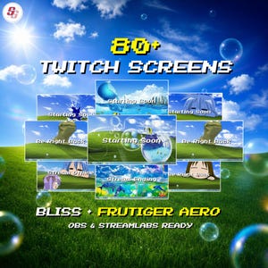 Peut inclure: Une collection numérique de plus de 80 écrans Twitch avec une esthétique Bliss et Frutiger Aero. L'affichage comprend divers superpositions avec du texte comme Starting Soon, Be Right Back, Stream Offline et Stream Ending, sur un fond de colline herbeuse verte et de ciel bleu avec des bulles flottantes.
