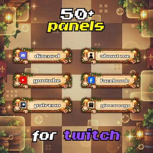 Pode incluir: Um conjunto de gráficos digitais para Twitch com mais de 50 painéis com tema de madeira, decorados com xícaras de café, croissants e lanternas. O texto inclui discord, about me, youtube, facebook, patreon e giveaways em fonte pixel.