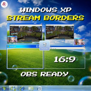 May include: Digital stream overlay graphics featuring a Windows XP desktop theme with a blue sky and green hill background. The design includes multiple window frames, a Recycle Bin icon, and pixelated text reading WINDOWS XP STREAM BORDERS, 16:9, and OBS READY.