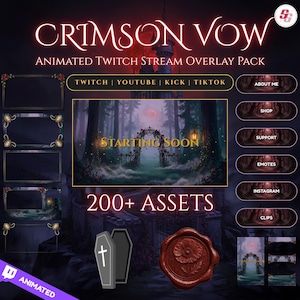 Może przedstawiać: Animowany pakiet nakładek do streamowania na Twitchu Crimson Vow z motywem ciemnego lasu, zamkiem, ekranem Starting Soon, ramkami, przyciskami About Me, Shop, Support, Emotes, Instagram, Clips oraz ikonami trumny i pieczęci lakowej.