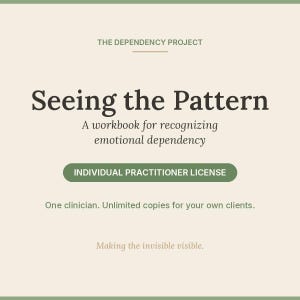 May include: A square graphic with a cream background and dark brown text reading THE DEPENDENCY PROJECT, Seeing the Pattern, A workbook for recognizing emotional dependency. A green button reads INDIVIDUAL PRACTITIONER LICENSE, followed by One clinician. Unlimited copies for your own clients. and Making the invisible visible.