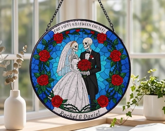 Personalized Halloween Suncatcher, Skeleton Couple Engagement Gift, Custom Names First Halloween Engaged Window Hanging Decor