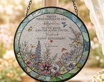 Personalized Retirement Suncatcher Gift, Floral Stained Glass Window Hanging, Retirement Thank You Gift For Teacher Coworker