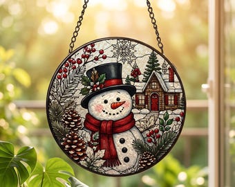 Christmas Suncatcher Window Hanging, Snowman Stained Glass Style Decor, Winter Village Sun Catcher Gift, Holiday Window Decoration