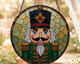 Nutcracker Stained Glass Suncatcher, Christmas Window Hanging Decor, Vintage Holiday Sun Catcher, Festive Nutcracker Home Decoration Gift