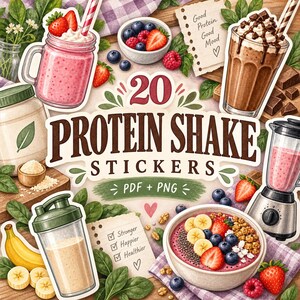 Può includere: Una collezione di 20 adesivi per frullati proteici in formato PDF e PNG con illustrazioni di smoothie, frullati al cioccolato, un frullatore, frutta fresca e ciotole di avena con il testo 20 PROTEIN SHAKE STICKERS PDF + PNG.