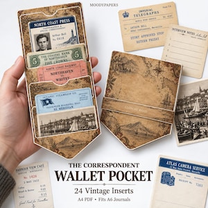 May include: A brown paper wallet pocket with a vintage map print, containing various ephemera like a North Coast Press ID, a five crown banknote, a North Coast Railway ticket, and an Oceanic Steamship boarding pass, alongside loose vintage-style cards.