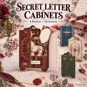May include: Secret Letter Cabinets with 4 pockets and 24 inserts. The set features miniature decorative cabinets in red, blue, cream, and green, adorned with ornate gold hardware, floral patterns, and vintage-style postal motifs.
