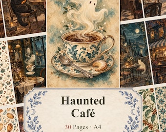 Haunted Café Digital Papers, Ghosts, Coffee, Vintage Halloween Junk Journal (A4)