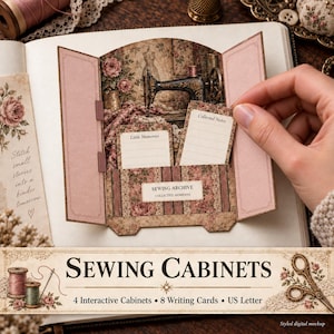 May include: A paper craft sewing cabinet with opening doors, featuring a vintage sewing machine illustration, floral patterns, and two lined note cards labeled Little Memories and Collected Notes, with a label reading SEWING ARCHIVE.