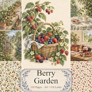 Op de afbeelding: Een verzameling digitale papierontwerpen genaamd Berry Garden, met 100 pagina's in A4- en US Letter-formaat. De afbeeldingen tonen een rieten mand gevuld met aardbeien en bosbessen, tuintaferelen en patronen van bessen en theekopjes.