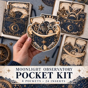 May include: A Moonlight Observatory pocket kit featuring four pockets and twenty-four inserts with celestial designs. The navy blue and gold stationery set includes illustrations of telescopes, star charts, moon phases, and the text Celestial Archive and Ad Astra.