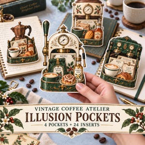 May include: A set of die-cut stickers featuring vintage coffee machine designs with espresso, coffee beans, menu cards, and syrup bottles. The text reads Vintage Coffee Atelier Illusion Pockets 4 Pockets + 24 Inserts. The stickers are in shades of green, cream, and brown.