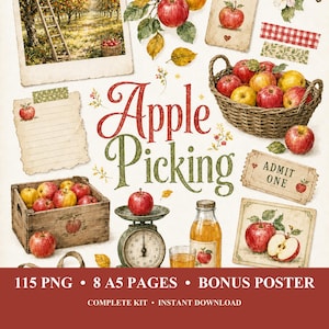 Könnte beinhalten: Eine digitale Sammlung von Illustrationen zum Thema Apfelernte mit einem Weidenkorb voller Äpfel, einer Holzkiste, einer alten Waage, einem Glas Apfelsaft, einem Notizblock und einem Ticket mit dem Text Apple Picking.