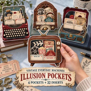 May include: Four die-cut paper pockets shaped like a red typewriter, a wooden radio, a teal record player, and a brown television set. Each pocket contains small paper inserts with printed text and illustrations related to writing, music, and film.