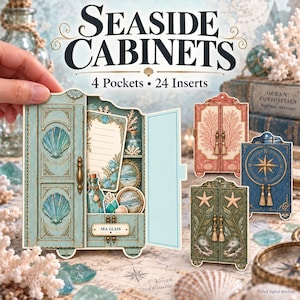 May include: A set of paper craft Seaside Cabinets featuring 4 pockets and 24 inserts. The designs include a light blue cabinet with shell motifs, a red coral patterned cabinet, a blue compass design, and a green cabinet with starfish accents.