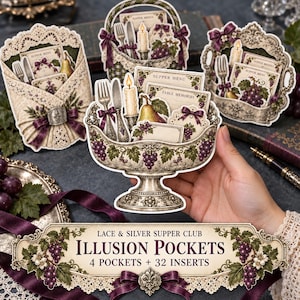May include: A set of decorative paper ephemera featuring Lace & Silver Supper Club Illusion Pockets with 4 pockets and 32 inserts. The designs include illustrations of silver cutlery, lit candles, pears, and purple grapes on cream-colored backgrounds with lace and purple ribbon accents.