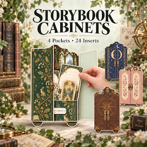 May include: A set of Storybook Cabinets featuring 4 pockets and 24 inserts. The cabinets are decorated with various patterns including forest animals, floral motifs, celestial moons, and compass designs in green, blue, pink, and brown.