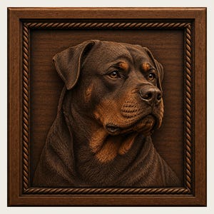 Może przedstawiać: Kwadratowa drewniana tablica ścienna z wygrawerowanym szczegółowym reliefem głowy psa rasy Rottweiler. Pies ma ciemnobrązową i podpalana sierść, a tablica jest oprawiona w ciemnobrązową ramę o fakturze liny wzdłuż wewnętrznej krawędzi.