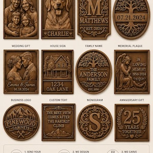 May include: A collection of twelve rectangular, oval, and circular brown wooden relief plaques featuring various carvings including family portraits, pet portraits, names, dates, house illustrations, business logos, and memorial designs with text.