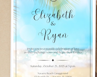 Plantilla de invitación para boda en la playa - Invitación de boda en la playa - Descarga editable de Canva - Solicitud de CANVA PRO para boda costera