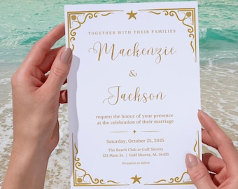 Plantilla de invitación de boda elegante - Invitación de boda en la playa dorada - Descarga editable de Canva - Solicitud de CANVA PRO para boda formal en la costa