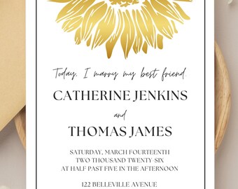 Plantilla de invitación de boda con girasoles: invitación floral dorada y llamativa. Descarga editable de Canva Pro. Estilo rústico moderno.