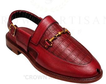 Handmade Genuine Leather Sandals for Men, Croc Embossed Slingback Mules, Horsebit Peep Toe Shoes