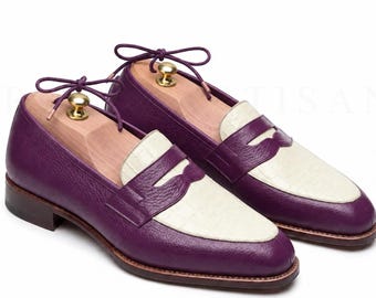 Handmade Purple Leather and White Alligator Penny Loafers Mens Dress Shoes For weddings.