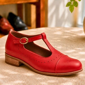 Women’s Genuine Leather Mary Jane Shoes, Handmade T-Strap Low Heel Dress Shoes, Red White