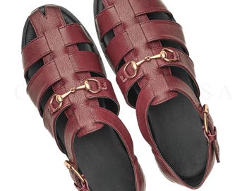 Handmade Genuine Leather Fisherman Sandals for Men, Black Burgundy Closed Toe Summer Footwear