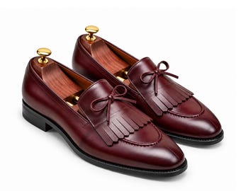Men’s Genuine Leather Kiltie Loafers, Handmade Tassel Dress Shoes, Brown Burgundy Slip Ons