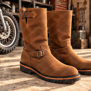May include: A pair of mid-calf brown suede boots featuring a rounded toe, a thick black lug sole with an orange accent stripe, and two adjustable straps with metal buckles located at the ankle and the top of the shaft for a secure fit.