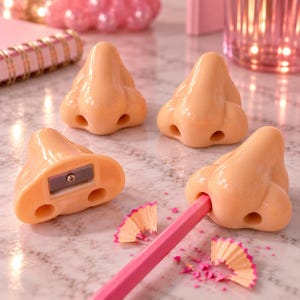 May include: Four peach-colored plastic pencil sharpeners shaped like human noses. One sharpener is shown from the back, revealing the metal blade, while another is shown with a pink pencil inserted into a nostril, surrounded by wood shavings.