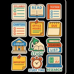 College Reading Planner Sticker Sheet PNG | Academic Study Tracker — Print and Cut 16 Designs