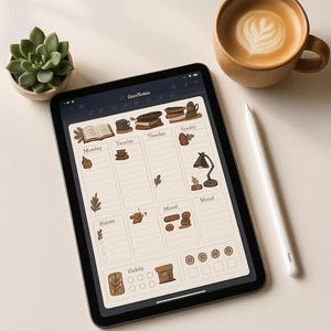 May include: A digital tablet displaying a weekly planner template in the GoodNotes app. The planner features a cream-colored background with brown illustrations of books, a lamp, and leaves. The layout includes sections for days of the week and habits.
