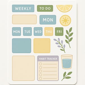 Peut inclure: Une planche d'autocollants avec des éléments de planification dans des tons sourds de bleu, jaune, vert et violet. Comprend des étiquettes pour les jours de la semaine, un suivi d'habitudes, des cases rectangulaires, un citron et des plantes.