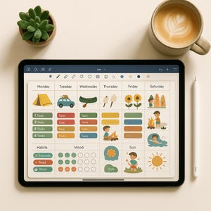 May include: A digital tablet displaying a weekly planner template with camping-themed illustrations, including a tent, car, canoe, sunflowers, and a person by a campfire. The interface features task lists, habit trackers, and mood icons.