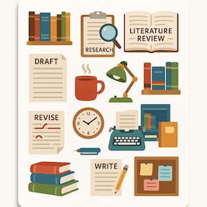 May include: A sticker sheet featuring academic and writing-themed illustrations including books, a clipboard labeled RESEARCH with a magnifying glass, an open book labeled LITERATURE REVIEW, a DRAFT document, a coffee mug, a desk lamp, a clock, a REVISE document, a typewriter, a pen, a stack of books, a WRITE document with a pencil, and a corkboard with notes.