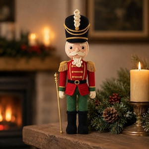 May include: A crocheted nutcracker doll featuring a black hat with a white plume, a red jacket with gold fringe epaulets, green trousers, and black boots. The figure has a white mustache and beard, and holds a thin gold staff in one hand.
