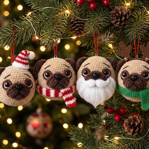 May include: Four round crocheted pug ornaments hanging by red strings. The first wears a red and white striped hat, the second a red and white striped scarf, the third a white faux fur beard, and the fourth a green scarf with brown felt antlers.