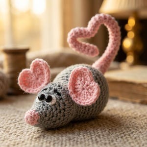 May include: A gray crocheted mouse toy featuring light pink heart-shaped ears and a long, curved tail that forms a heart shape. The mouse has two black plastic eyes, a small pink nose, and a textured yarn body with visible stitching throughout.