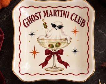Ghost Martini Club Ceramic Trinket Tray, Retro Halloween Jewelry Dish, Spooky Cocktail Ring Holder, Cute Ghost Decor