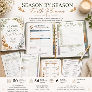 Può includere: Un set di pianificatore di fede Season by Season che include un'agenda con anelli dorati, una copertina e fogli sciolti per preghiere, monitoraggio delle routine e schede delle scritture. Le pagine presentano illustrazioni floreali.
