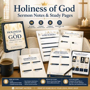 Könnte beinhalten: Eine digitale Sammlung von Predigtnotizen und Studienseiten zum Thema Heiligkeit Gottes, bestehend aus einem Deckblatt, Studienblättern, Kirchennotizen und Lesezeichen. Das Set enthält 38 druckbare Seiten im A4-Format für das Bibelstudium.