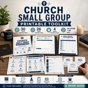 May include: A Church Small Group Printable Toolkit featuring 30 total pages, including 26 main and 4 bonus printable pages in US Letter and A4 PDF formats. The set includes a cover, discussion handouts, cards, leader guides, and activity pages.