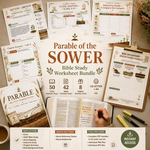 May include: A Parable of the Sower Bible study worksheet bundle featuring multiple printable pages, including SOAP study, verse mapping, and inductive study sheets. The set includes 50 total pages in US Letter and A4 sizes, with an open Bible.