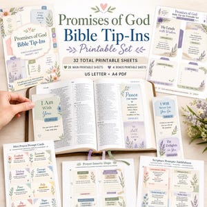 May include: A set of printable Bible tip-ins titled Promises of God Bible Tip-Ins, featuring 32 sheets in US Letter and A4 PDF formats. The collection includes floral-themed cards with scripture verses, prayer prompts, and space for notes.