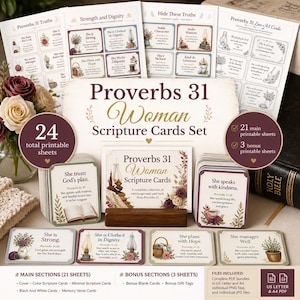 Op de afbeelding: Een set Proverbs 31 Woman Schriftkaarten met 24 printbare vellen, inclusief kleur en zwart-wit ontwerpen. De kaarten tonen bloemillustraties, olielampen en inspirerende teksten. Inclusief een houten kaartenstandaard voor weergave.